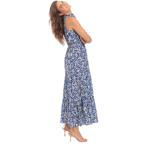 LONDON STYLE Maxi Dress Tiered Ruffle Smocked Waist Neckline Blue White Women 14